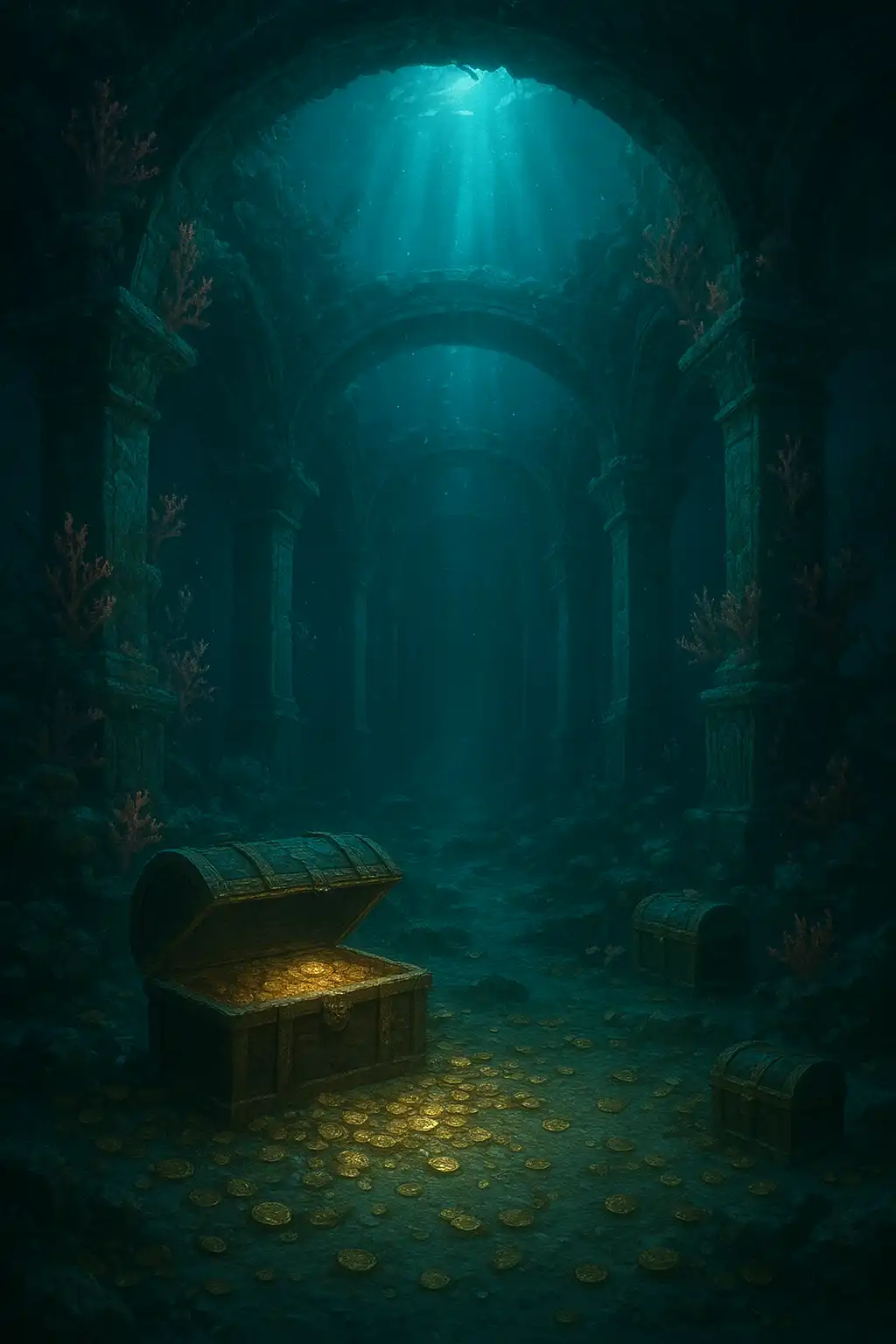 Illustration of a sunken Atlantean treasury glowing with bioluminescent light and gold